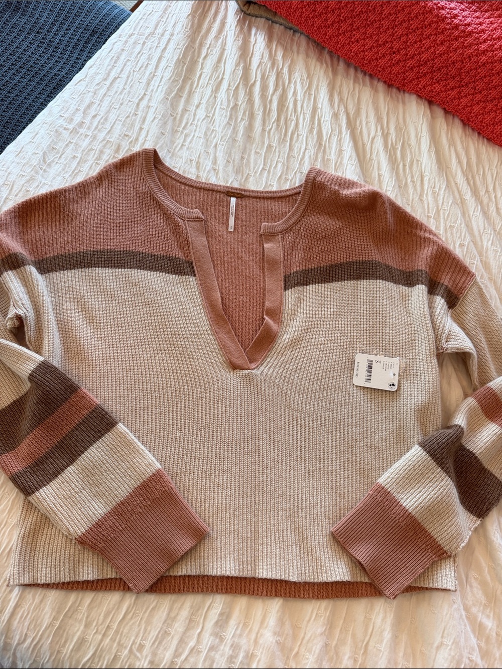 Free People V-Neck Striped Sweater in Rose, Cream & Brown